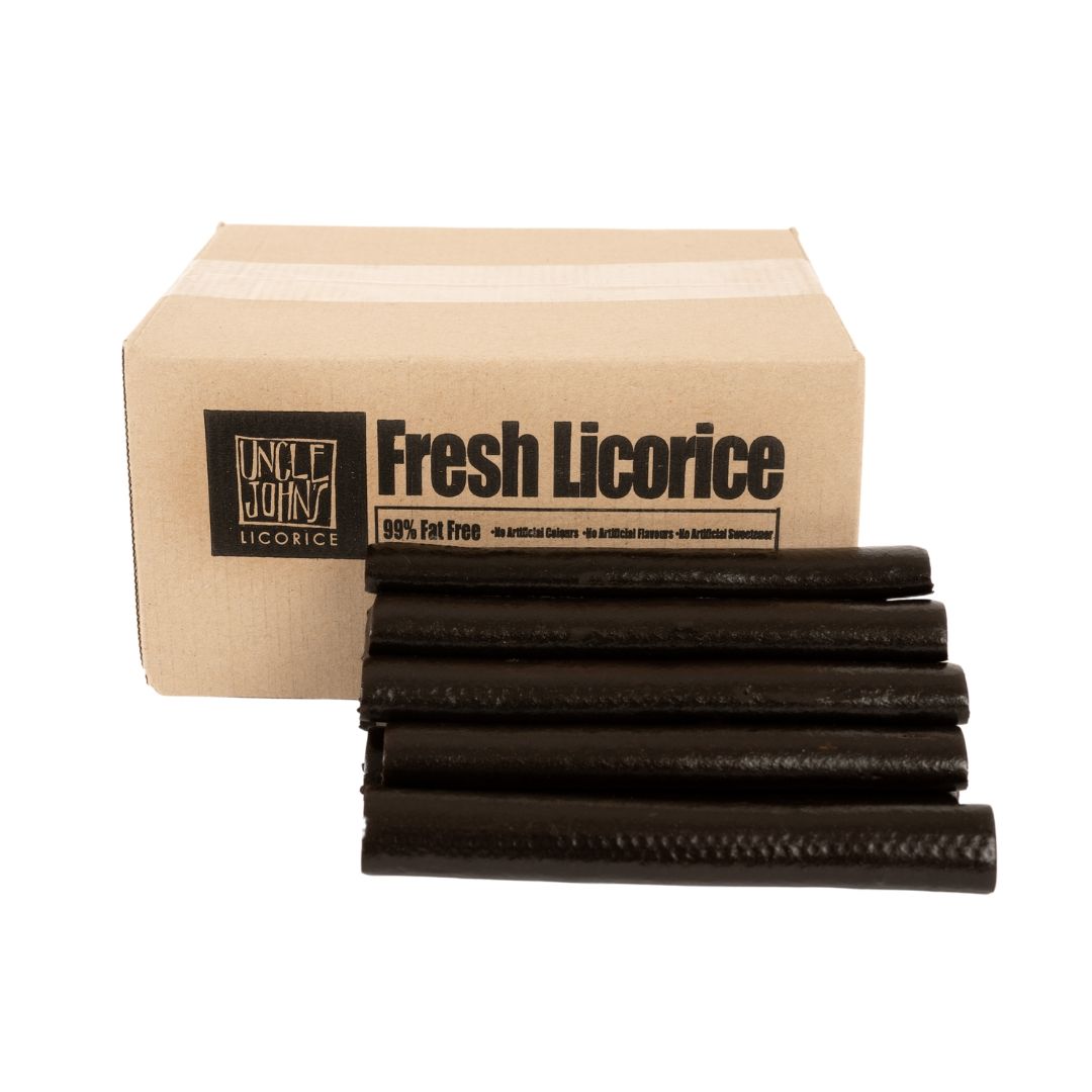 Box of Uncle John's Fresh Licorice with licorice sticks displayed in front on a white background
